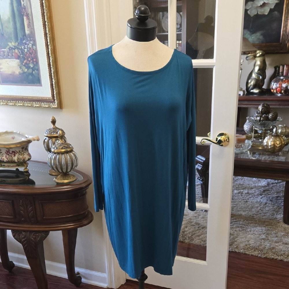 Cherish Chic Long Sleeve Teal Dress Stretch Scooped Neck Pull On Size M/L NEW